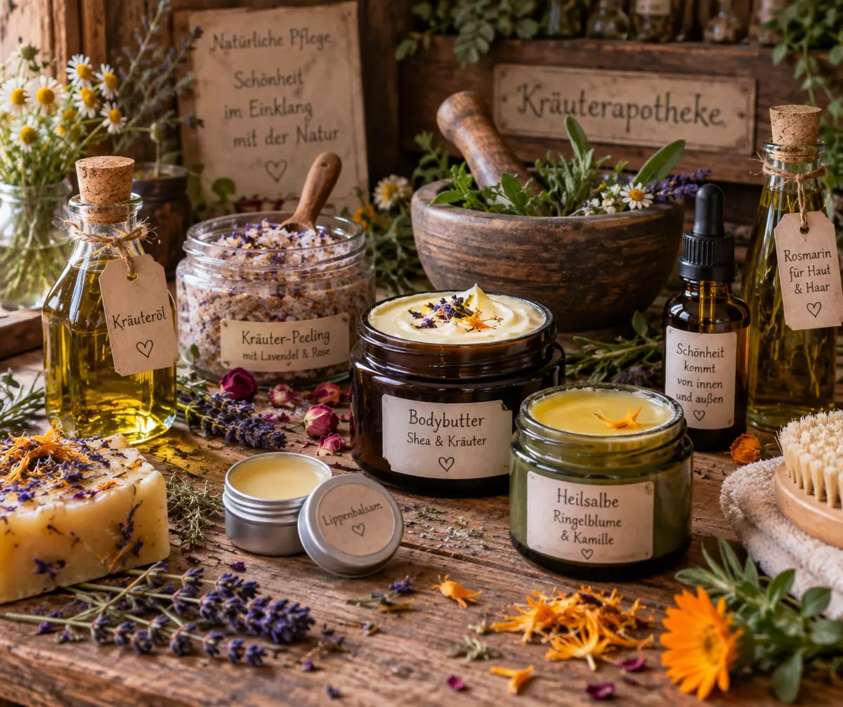 Kräuteröle, Bodybutter, Peeling und Lippenbalsam auf einem Holztisch.